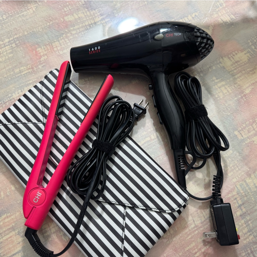 CHI Black Hair Dryer and Pink Flat Iron Set